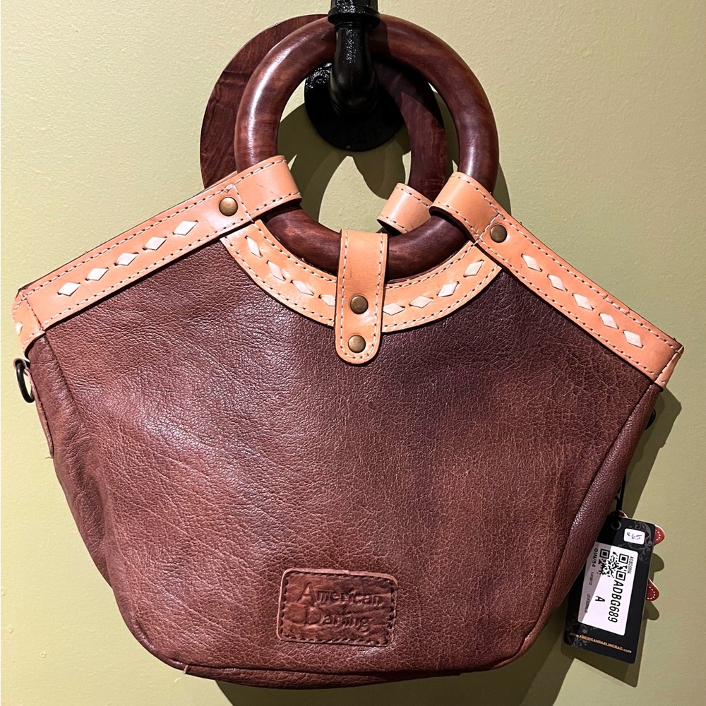 American Darling Brown Leather Women's Bag Western Boho Wood Handles